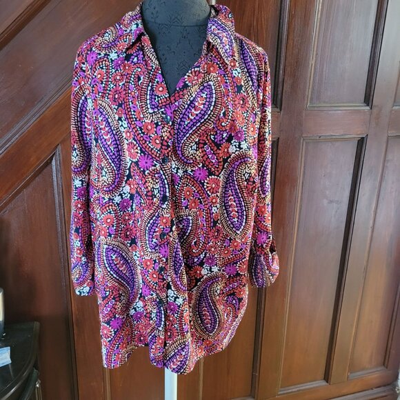 Catherines 14/16 Colorful Paisley Floral Print Button-Down Blouse - Picture 1 of 4